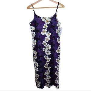 90s Vintage NWT Hilo Hattie | Purple White Hibiscus Hawaiian Floral Maxi Dress